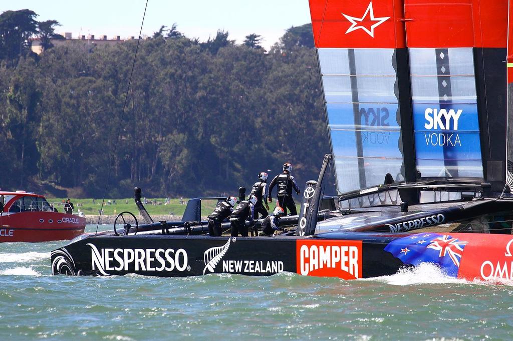 Oracle Team USA v Emirates Team New Zealand. America’s Cup Day 5 San Francisco. Emirates Team NZ before the start of Race 9 © Richard Gladwell www.photosport.co.nz